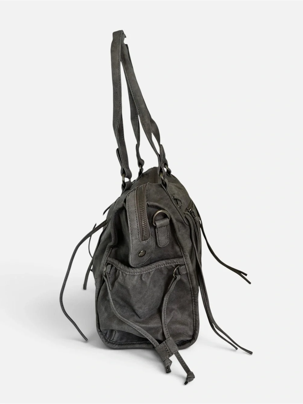 Gray Leather Large Shoulder Tote Bag Lace-Up Stud Detail – New Without Tags